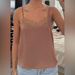 Tan silk lace trim tank